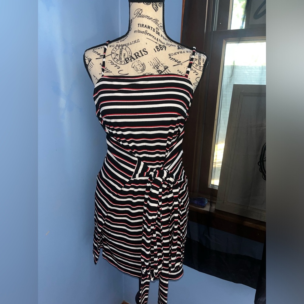 Olivaceous Striped Faux Wrap Dress With Tie